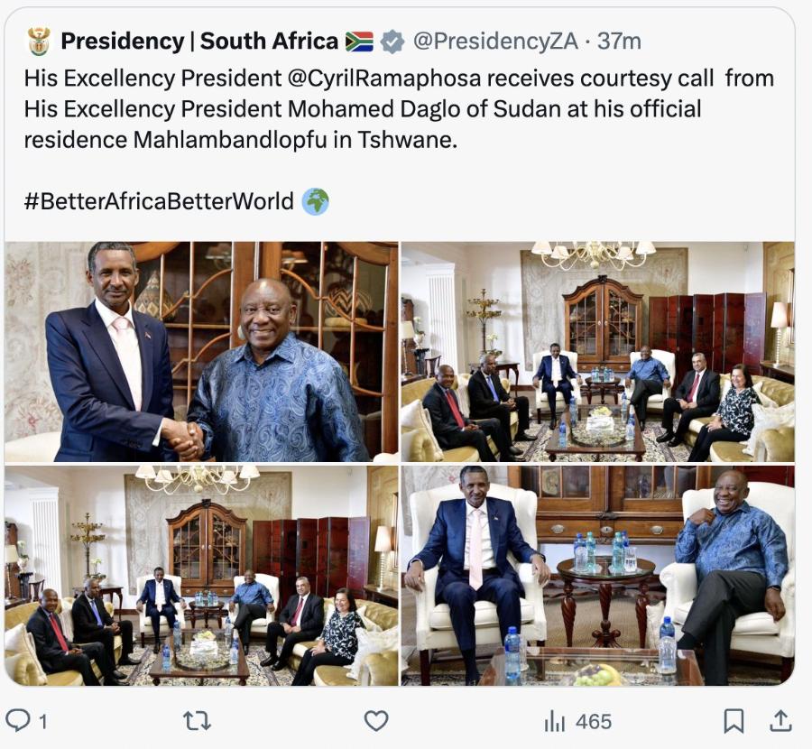 Presidency | South Africa @PresidencyZA &bull; 37m His Excellency President @CyrilRamaphosa receives courtesy call from His Excellency President Mohamed Daglo of Sudan at his official residence Mahlambandlopfu in Tshwane. #BetterAfricaBetterWorld &bull; 1 1hl 465