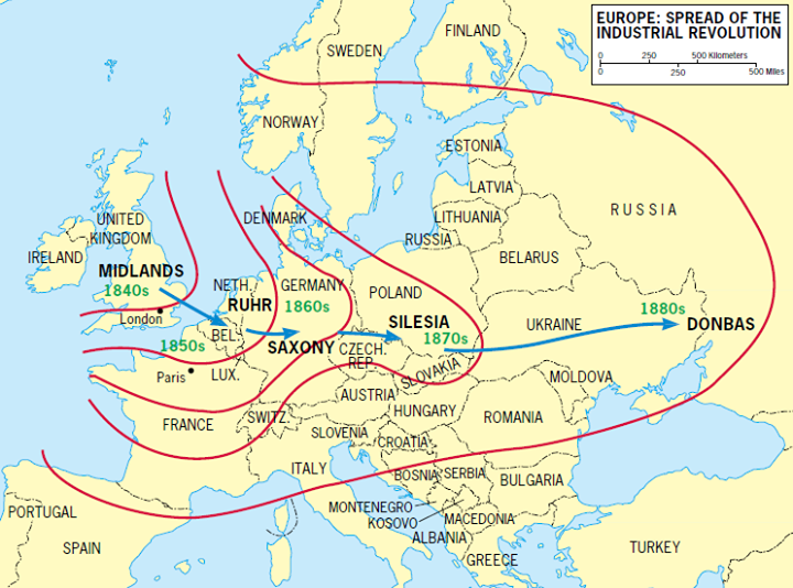 FINLAND SWEDEN EUROPE: SPREAD OF THE INDUSTRIAL REVOLUTION 250 500 Kilometers 250 500 Mies NORWAY; ESTONIAL UNITED - KINGDOM IRELAND MIDLANDS 1840s DENMARK LATVIA" LITHUANIA, RUSSIA! BELARUS PORTUGAL SPAIN NETH. POLAND London RUHR GERMANK 1860s SILESIA 1850s C SBEL SAXONY CZECH. 1870s Paris&reg; LUX. OVAKIA AUSTRIANS FRANCE KUNGARY ROMANIA SLOVEN, CROAT, ITALY BOSNIA SERBIA, BULGARIA MONTENEGRO KOSOVO MACEDONIA" ALBANIAY 'GREECE RUSSIA UKRAINE MOLDOVA 1880s &bull; DONBAS TURKEY