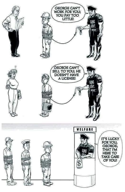 GEORGE CAN'T WORK FOR YOL; YOU PAY TOO LITTLE! GUNS GEORGE CAN'T SELL TO YOU; HE DOESN'T HAVE A LICENSEL GUNS WELFARE IT'S LUCKY FOR YOU, GEORGE, THAT IM HERE TO TAKE CARE OF YOU!